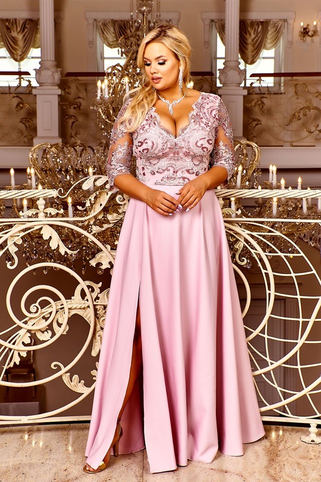CRYSTAL MAXI SUKIENKA PLUS SIZE Z KORONKĄ RÓŻOWA RĘKAW 3/4 zdjęcie 1