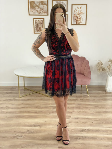 MINI KORONKOWA SUKIENKA CZARNO CZERWONA 1D3238