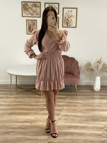 RÓŻOWA MINI SUKIENKA Z FALBANKĄ I DŁUGIM RĘKAWEM 1D3240