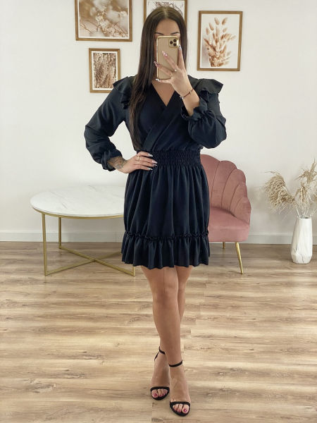 CZARNA MINI SUKIENKA Z FALBANKĄ I DŁUGIM RĘKAWEM 1D3240