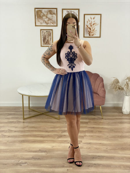 VERONA MINI SUKIENKA Z HAFTEM I TIULOWYM DOŁEM RÓŻOWO GRANATOWA