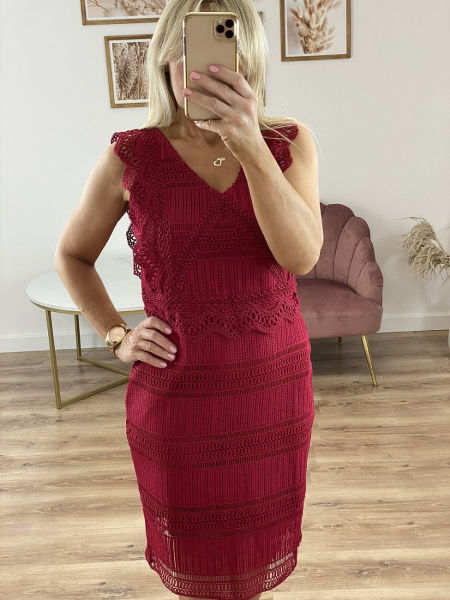 KORONKOWA OŁÓWKOWA SUKIENKA BEZ RĘKAWÓW BORDOWA 1D2478