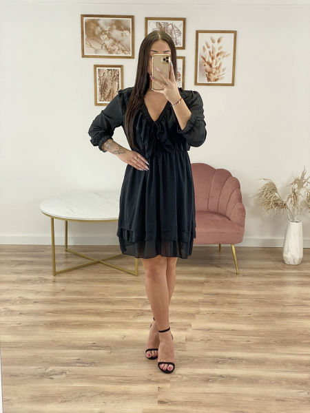 CZARNA SZYFONOWA MINI SUKIENKA Z FALBANKAMI 1D3241