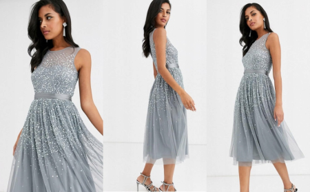 AMELIA TIULOWA MIDI SUKIENKA BOHO WYSZYWANA CEKINAMI SZARA 1D2720