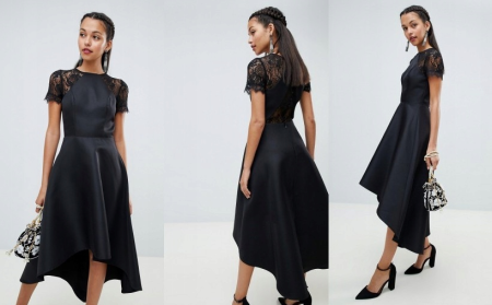 ASYMETRYCZNA SUKIENKA Z KORONKOWĄ GÓRĄ CZARNA 1D1715