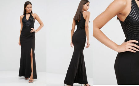 CZARNA DOPASOWANA SUKIENKA MAXI ZE ZDOBIONĄ GÓRĄ 1D634