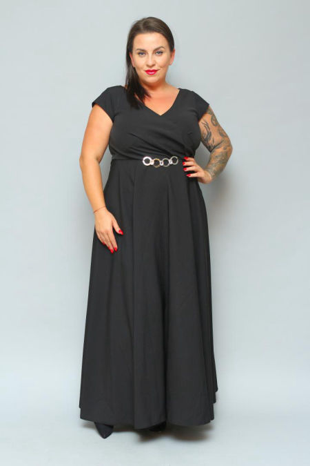 CZARNA MAXI SUKIENKA Z OZDOBNYM PASKIEM 1D2686