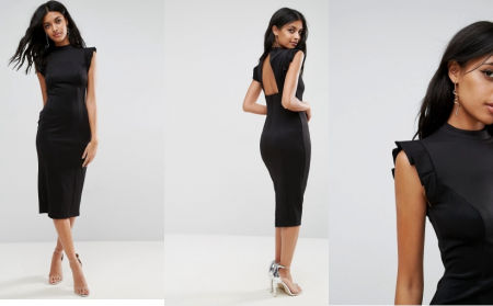 CZARNA OŁÓWKOWA SUKIENKA MIDI Z OZDOBNNYMI ZAKŁADKAMI PRZY RAMIONACH 1D 1708