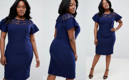 ELEGANCKA OŁÓWKOWA SUKIENKA Z KORONKOWĄ WSTAWKĄ GRANATOWA 1D1171