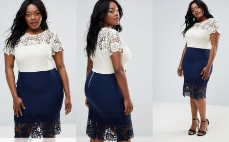 ELEGANCKA OŁÓWKOWA SUKIENKA Z KORONKOWYMI WSTAWKAMI KREMOWO-GRANATOWA 1D1131