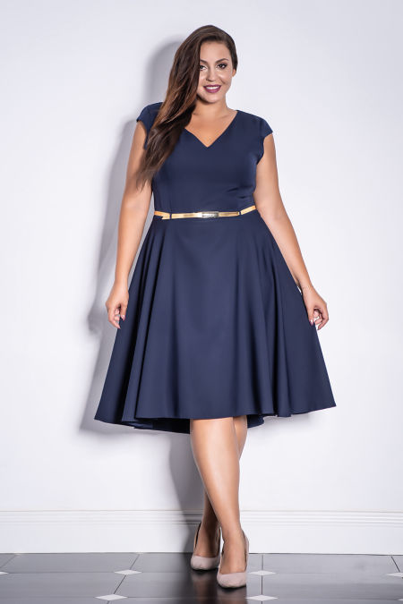 KAREN ASYMETRYCZNA SUKIENKA  ZE ZŁOTYM PASKIEM GRANATOWA