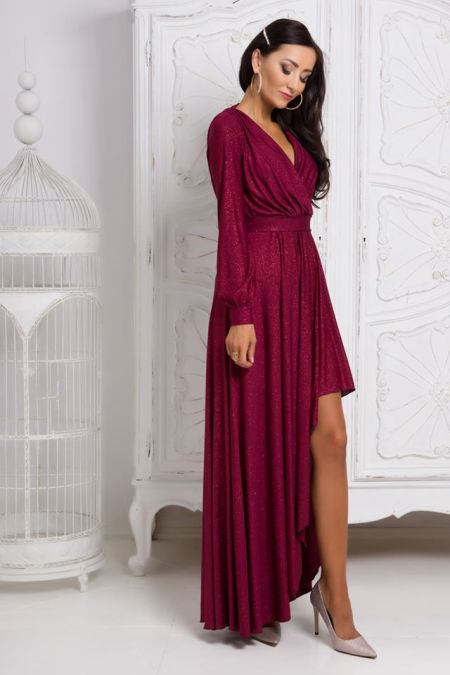 LENKA BROKATOWA SUKIENKA MAXI Z DŁUGIM RĘKAWEM BORDOWA