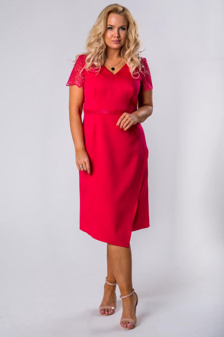 MEGAN ELEGANCKA, WIZYTOWA SUKIENKA Z KORONKOWYMI WSTAWKAMI MALINOWA