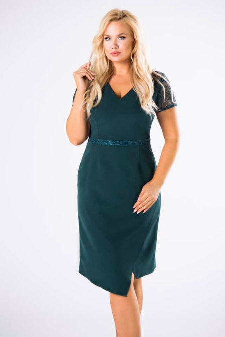 MEGAN ELEGANCKA, WIZYTOWA SUKIENKA Z KORONKOWYMI WSTAWKAMI ZIELONA