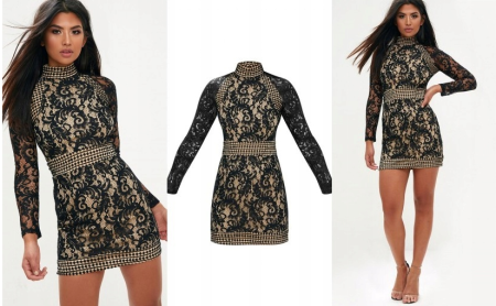 MINI KORONKOWA SUKIENKA CZARNA Z BEŻOWĄ PODSZEWKĄ 1D2124