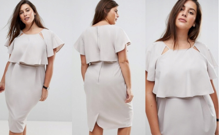 OŁÓWKOWA MIDI SUKIENKA Z FALBANĄ PLUS SIZE BEŻOWA 1D1894