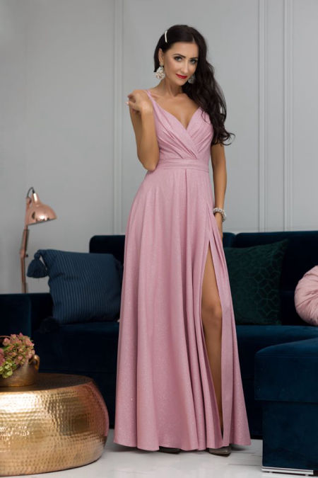 PARIS BROKATOWA SUKIENKA NA RAMIĄCZKACH MAXI PUDROWY RÓŻ