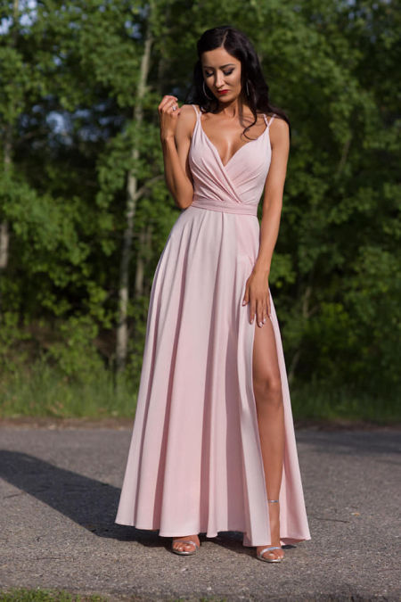 PARIS GŁADKA SUKIENKA  NA RAMIĄCZKACH MAXI PUDROWY RÓŻ