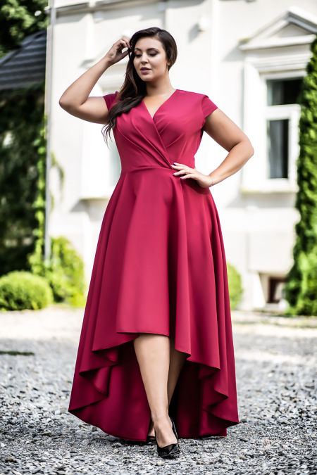 SELENA ASYMETRYCZNA SUKIENKA Z KOPERTOWYM DEKOLTEM BORDOWA