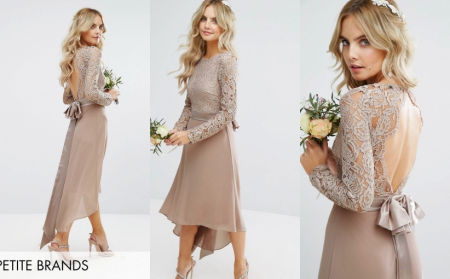 SZYFONOWA ASYMETRYCZNA SUKIENKA Z KORONKOWĄ GÓRĄ I ODKRYTYMI PLECAMI BEŻOWA 1D1096