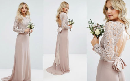 SZYFONOWA MAXI SUKIENKA Z KORONKOWĄ GÓRĄ I ODKRYTYMI PLECAMI BEŻOWA 1D1095