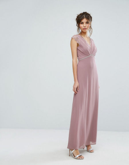 SZYFONOWA MAXI SUKIENKA Z OZDOBNYM ELEMENTEM WRZOSOWA 1D1255