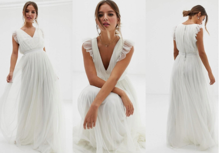 TIULOWA MAXI SUKIENKA BOHO   Z FALBANKAMI PRZY RAMIONACH ECRU 1D2714