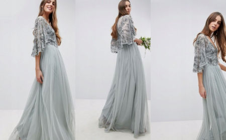 TIULOWA MAXI SUKIENKA BOHO Z NARZUTKĄ WYSZYWANA CEKINAMI MIĘTOWA 1D1463